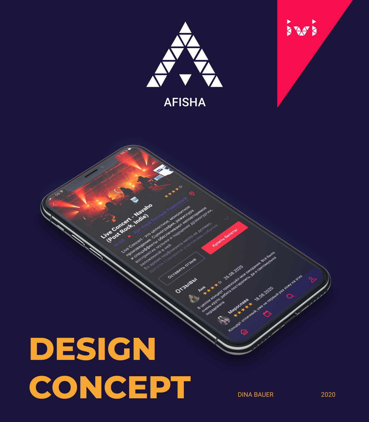 Afisha Event Ticket App UI UX Design Concept auf Smartphone im Dark Mode