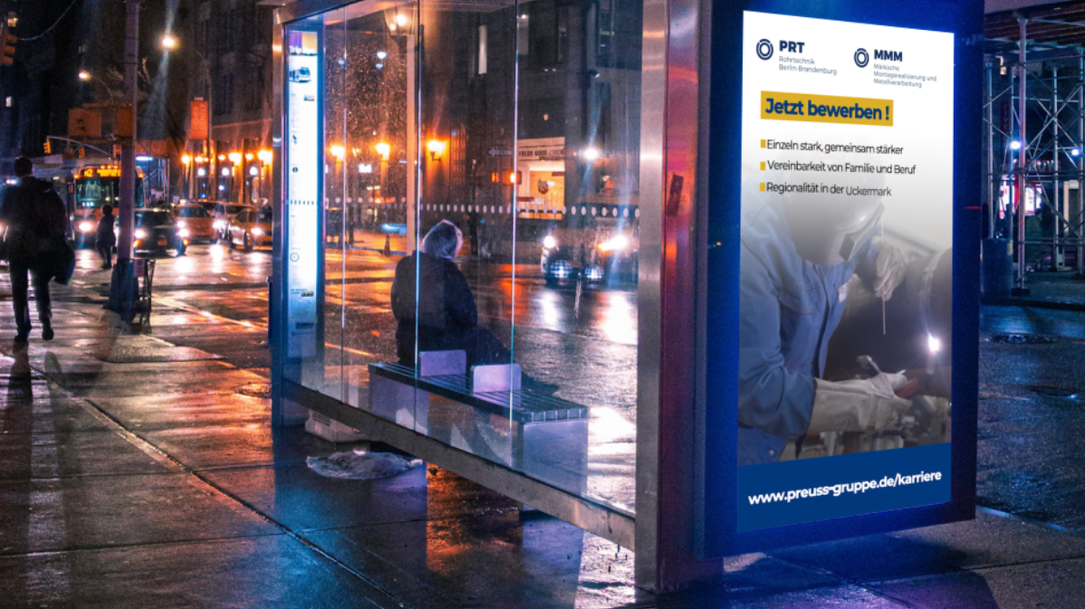 Preuss Gruppe Karriere DOOH Bus-Stop Banner fuer Rohrtechnik und Metallverarbeitung