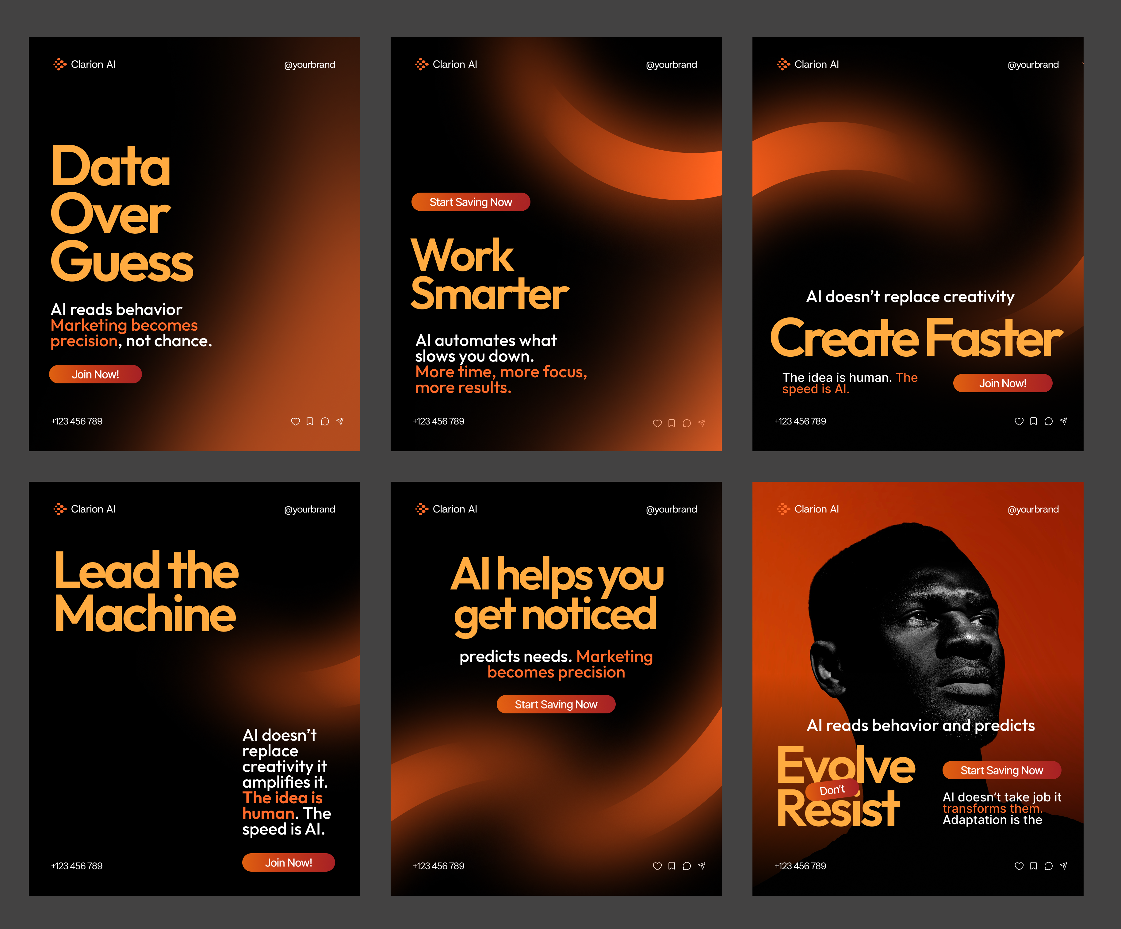 Clarion AI Social Media Post Templates fuer Tech-Marketing in Schwarz und Orange
